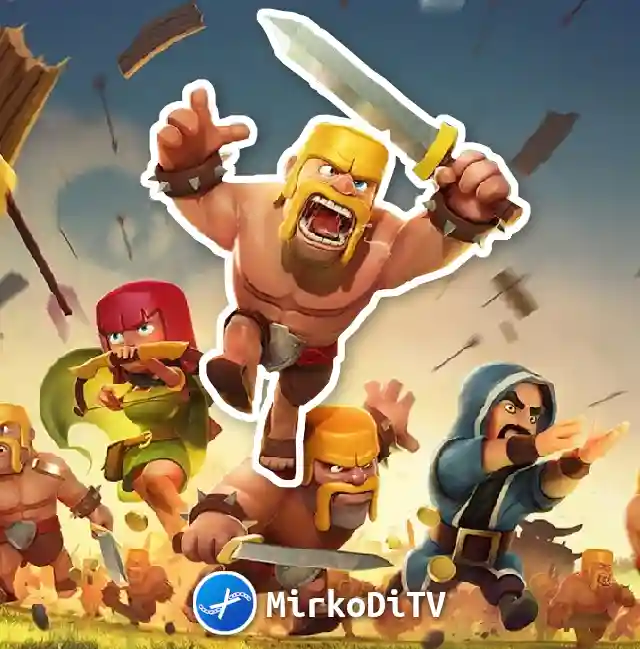 Clash of Clans troops running towards the viewer, a
                             barbarian is surrounded by a white border. Text 'MirkoDiTV'
                             next to a logo is at the bottom of the image.