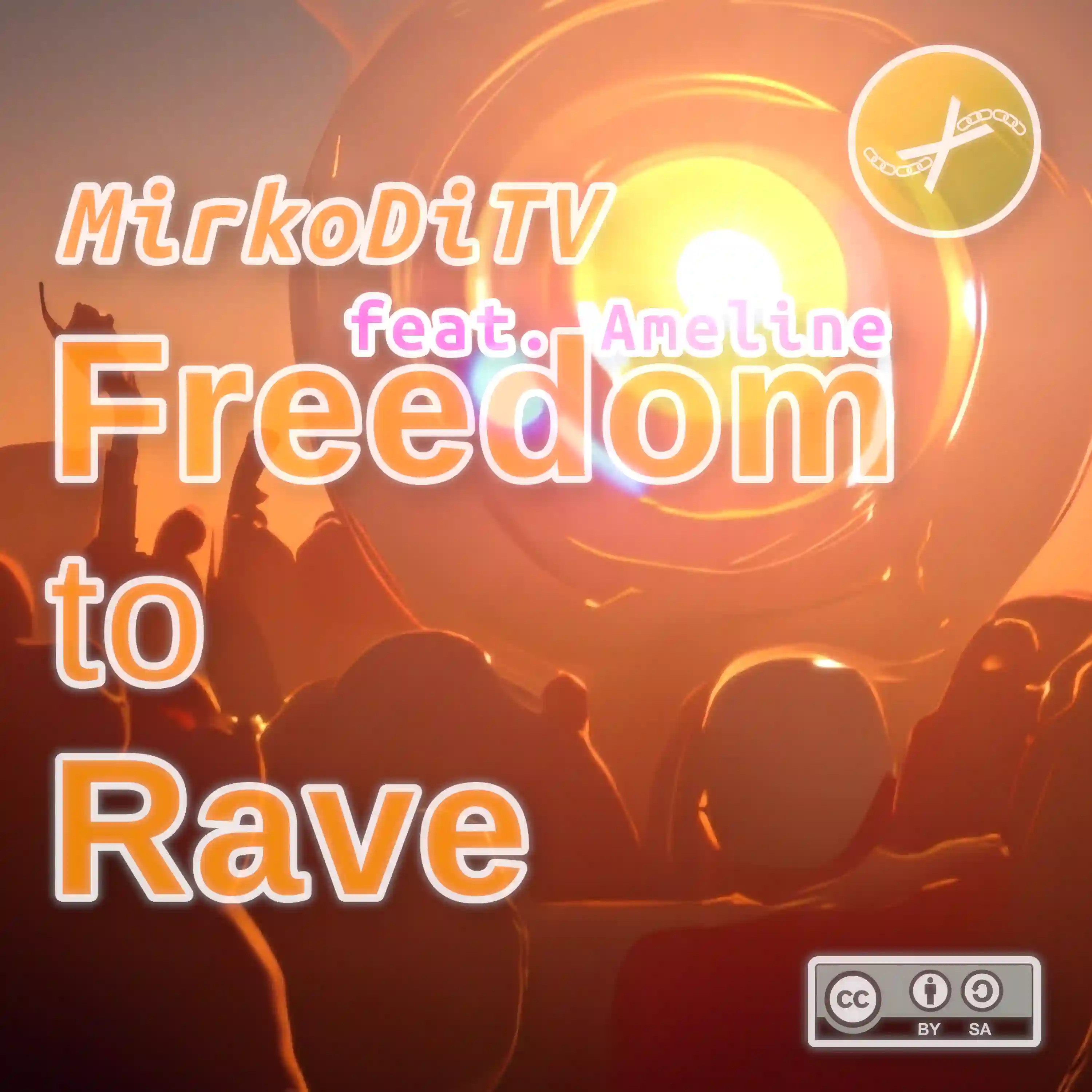 'Freedom to Rave', 'MirkoDiTV', 'feat. Ameline' texts on an AI-generated futuristic, hi-tech rave background at sunset.