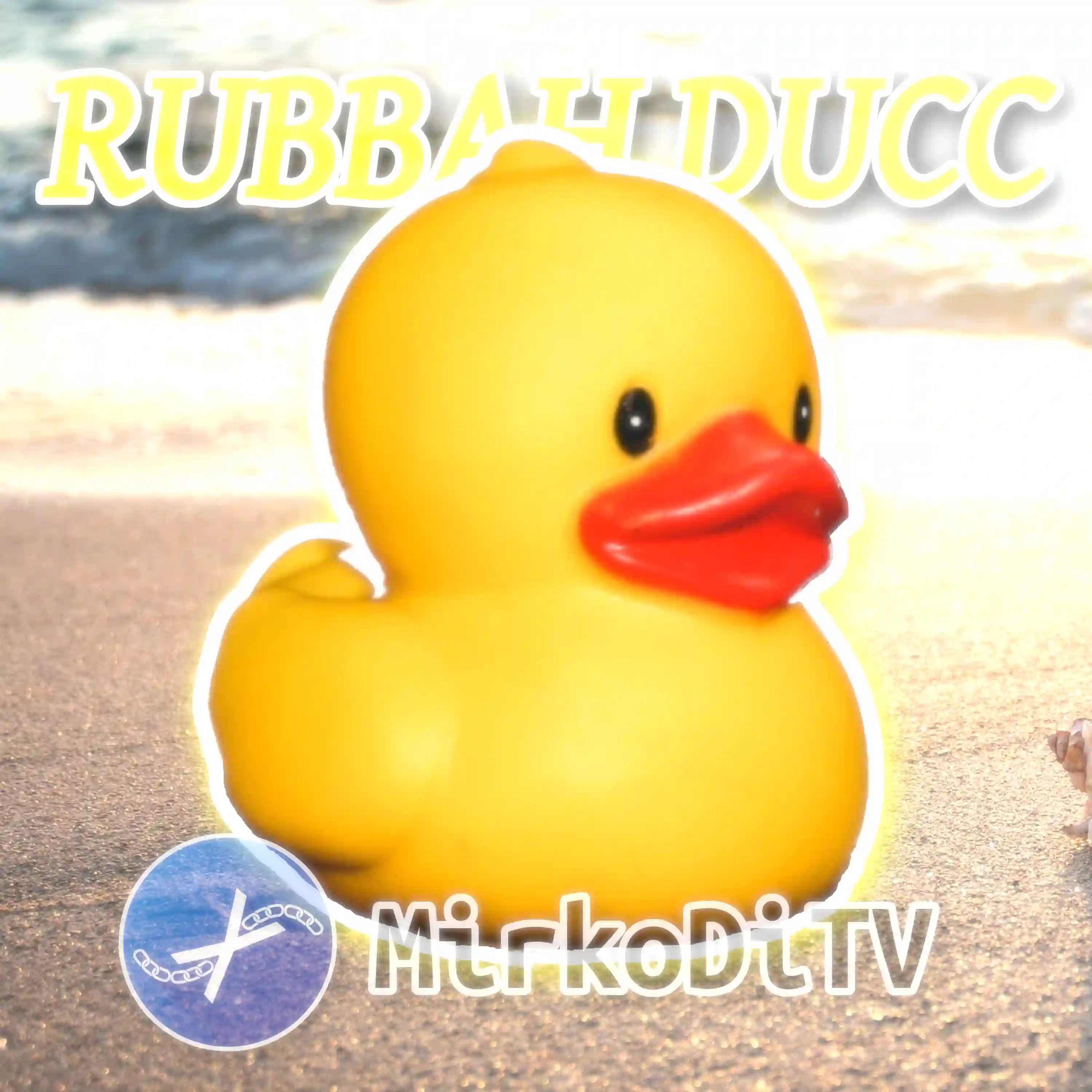 A yellow rubber duck at the beach. Song title and artist name are, respectively, at the top and at the bottom of the image.
