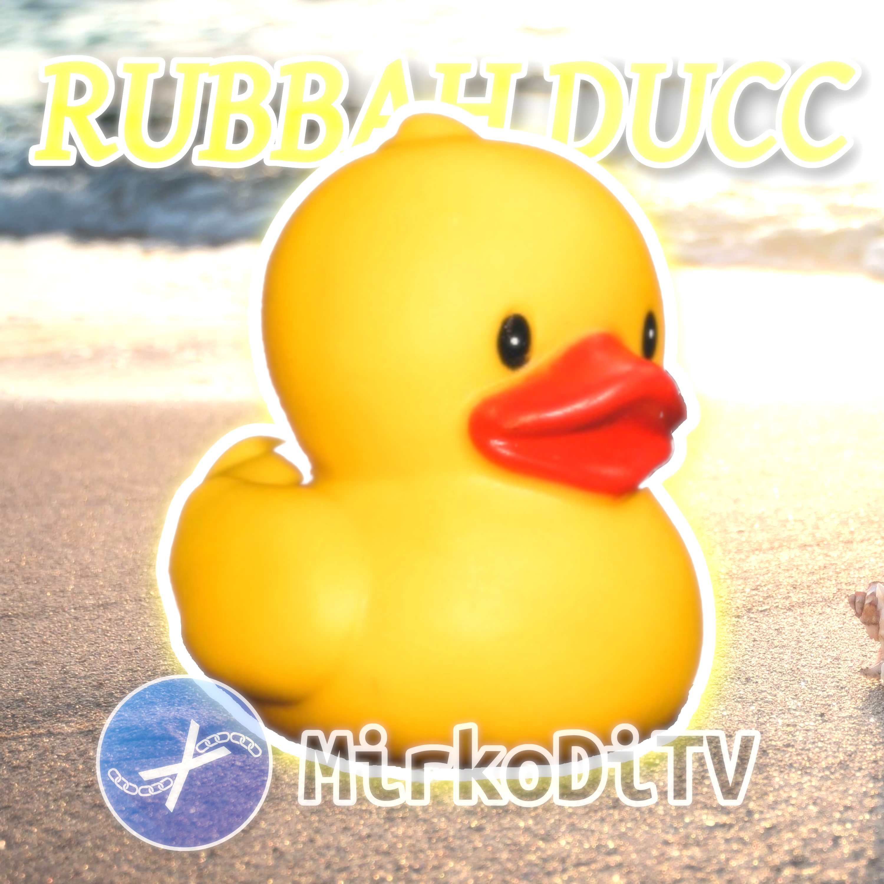 A rubber duck at the beach. Song title and artist name are, respectively, at the top and at the bottom of the image.